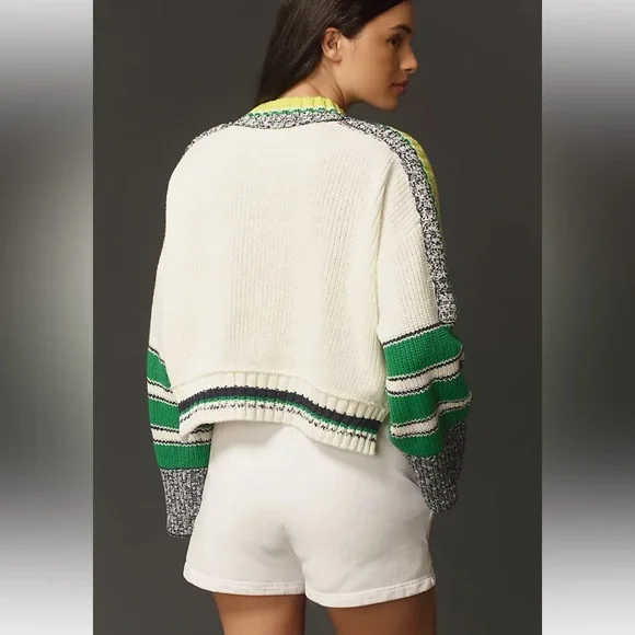 Anthropologie Daily Practice Le Tour Crop Crewneck Sweater Bike White Cotton L - Picture 2 of 9